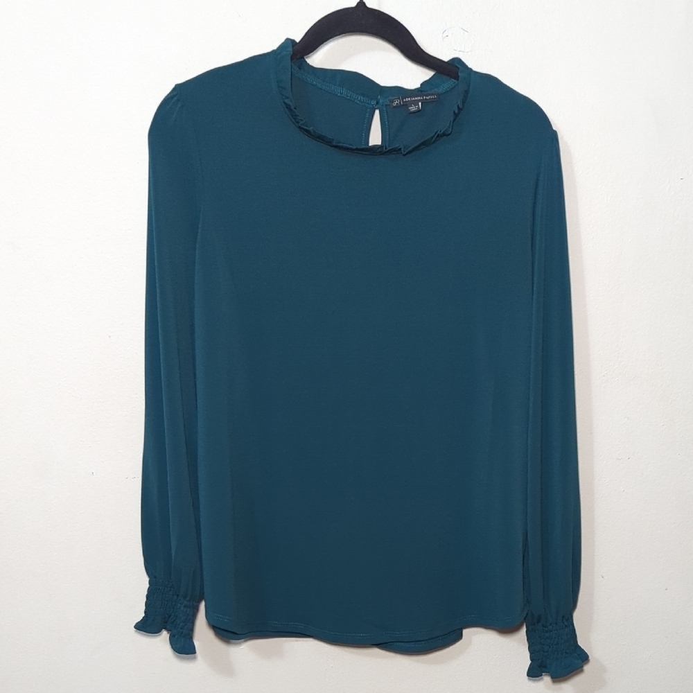 Adrianna Papell Ruffle-Neck Blouse Emerald Green Bishop Sleeve Women's Size L